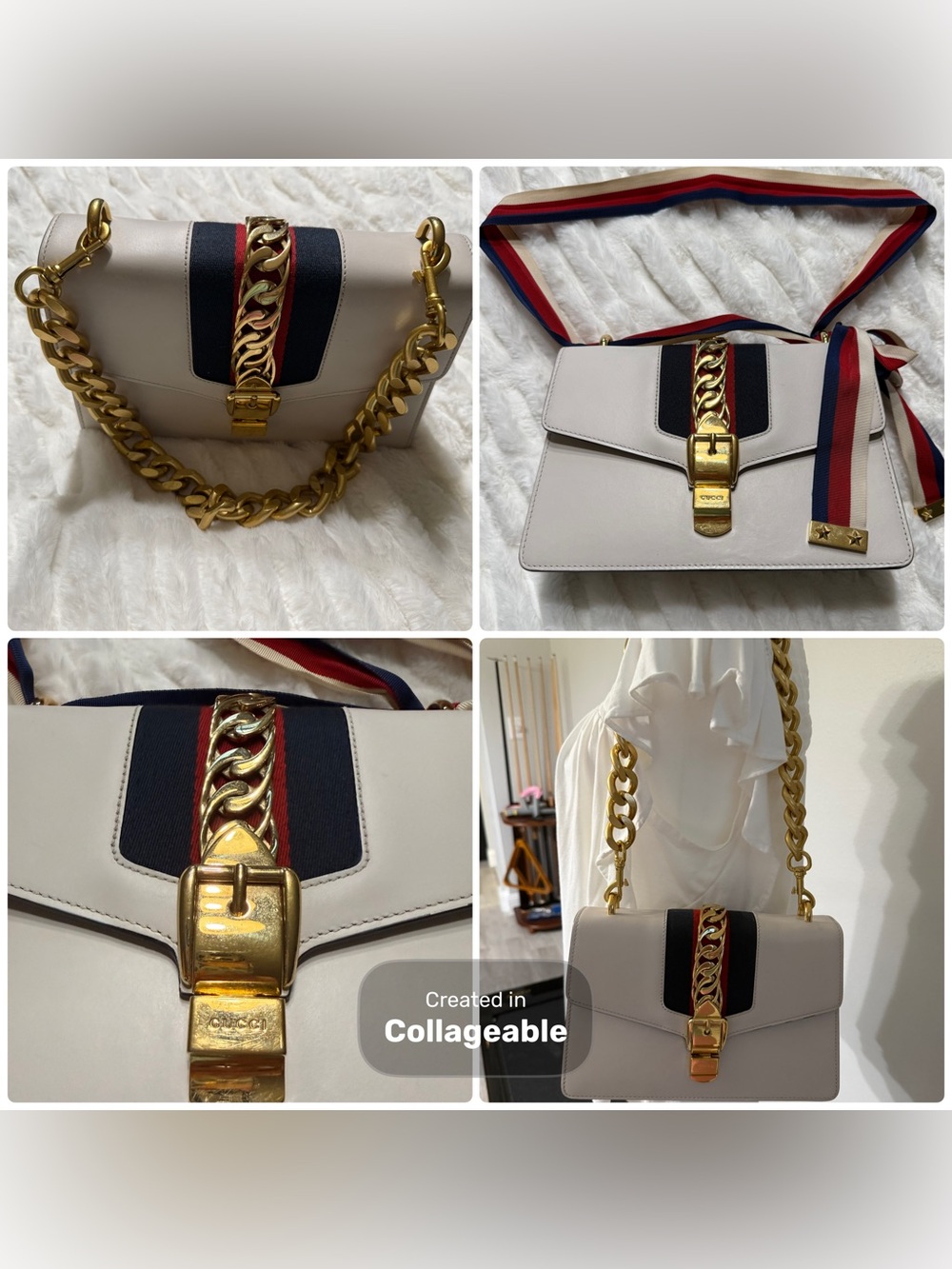 Gucci Ivory Leather Shoulder Bag with Navy & Red Web and Gold Chain